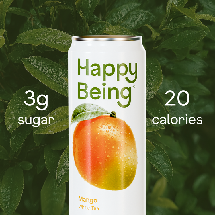 Happy Being mango white tea can with 3g sugar and 20 calories.