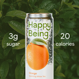 Happy Being sparkling orange white tea can with 3g sugar and 20 calories.