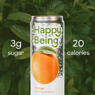 Happy Being sparkling orange white tea can with 3g sugar and 20 calories.