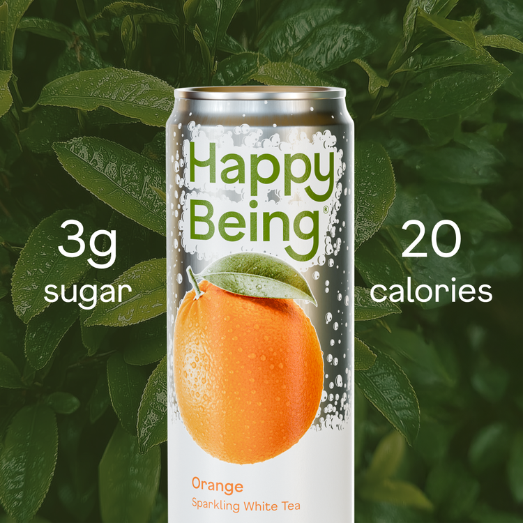 Happy Being sparkling orange white tea can with 3g sugar and 20 calories.
