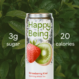 Happy Being sparkling strawberry kiwi white tea can with 3g sugar and 20 calories.
