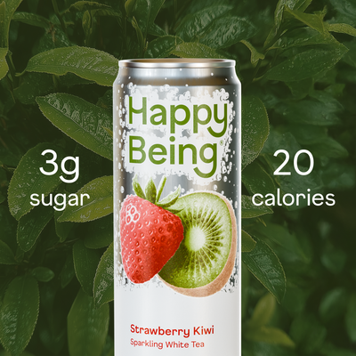 Happy Being sparkling strawberry kiwi white tea can with 3g sugar and 20 calories.