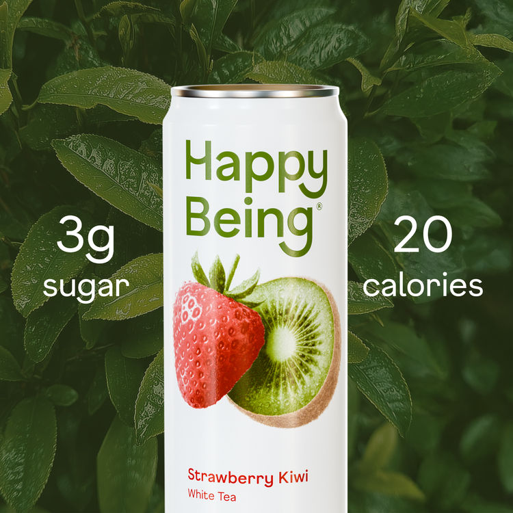 Happy Being strawberry kiwi white tea can with 3g sugar and 20 calories.