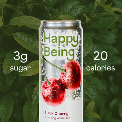 Happy Being sparkling black cherry white tea can with 3g sugar and 20 calories.