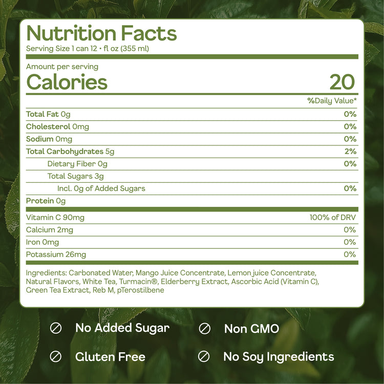 Happy Being mango nutrition facts with 20 calories and 3g sugar.