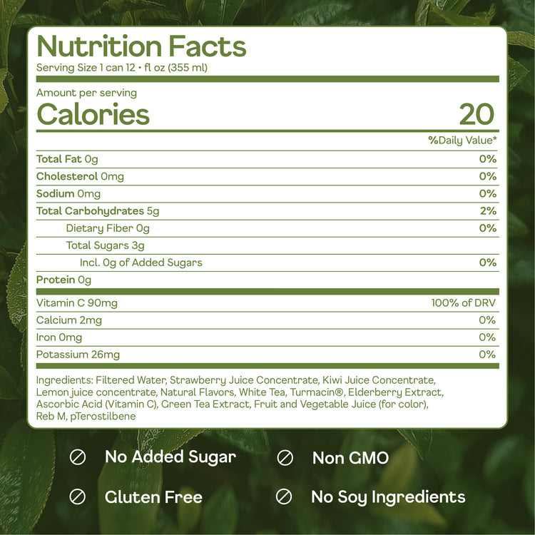 Happy Being strawberry kiwi nutrition facts with 20 calories and 3g sugar.