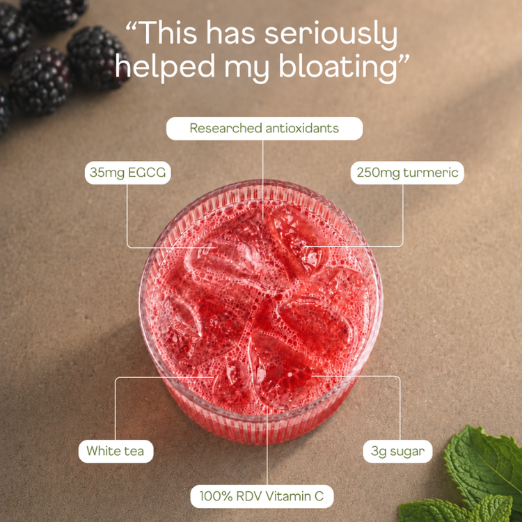 Overhead glass of Happy Being labelled with its antioxidants