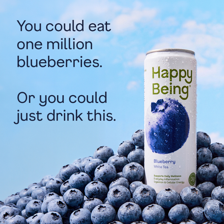 Happy Being Blueberry can on a bed of blueberries