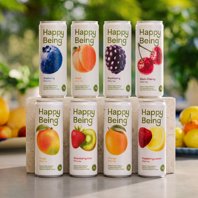 All the Happy Being flavors blueberry, peach, blackberry, black cherry, mango, strawberry kiwi, orange, and raspberry lemon.