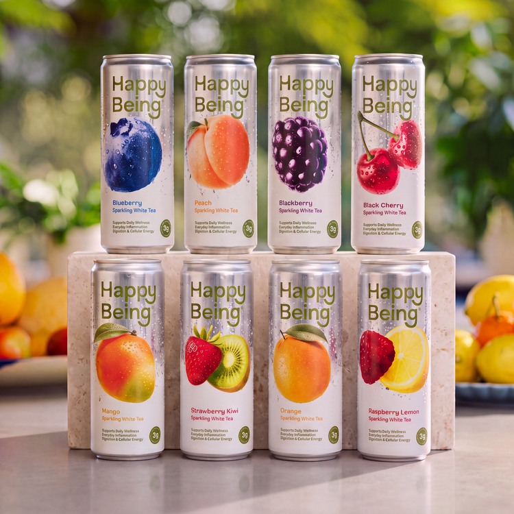 All the sparkling Happy Being flavors blueberry, peach, blackberry, black cherry, mango, strawberry kiwi, orange, and raspberry lemon.