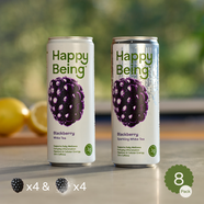 Two cans of Happy Being Blackberry White Tea one sparkling one still.