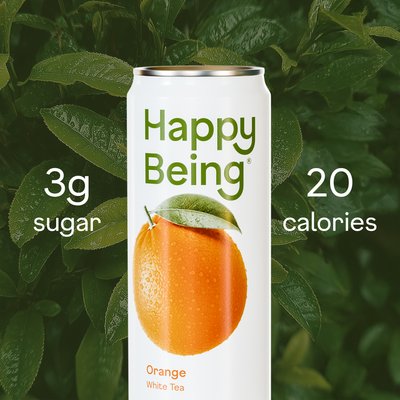 Happy Being orange white tea can with 3g sugar and 20 calories.
