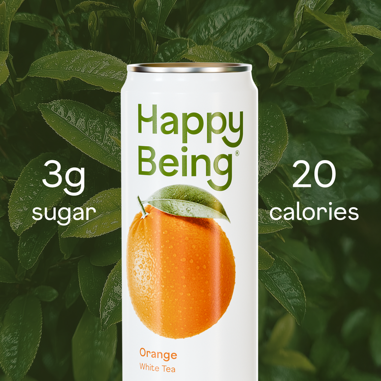 Happy Being orange white tea can with 3g sugar and 20 calories.