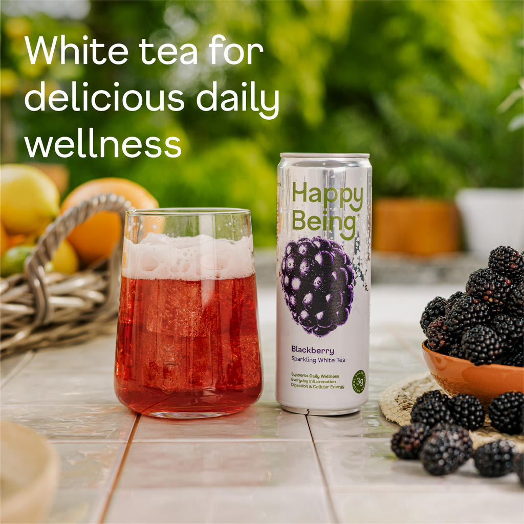 Can of Happy Being Blackberry Sparkling White Tea with blackberry artwork, highlighting a crisp, low-sugar sparkling wellness drink.