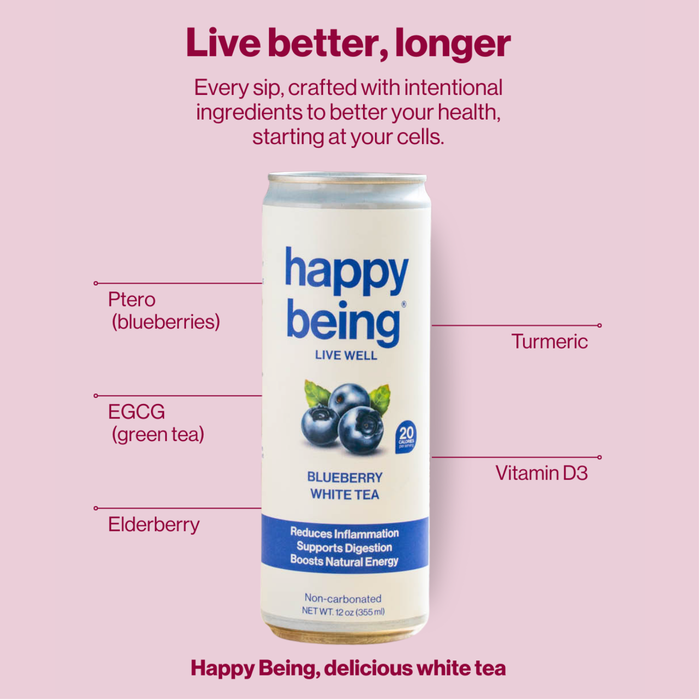 Can of 'happy being' blueberry white tea with health benefits listed on a pink background