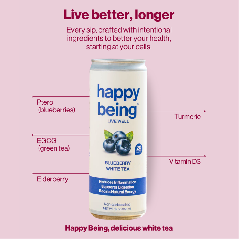 Can of 'happy being' blueberry white tea with health benefits listed on a pink background