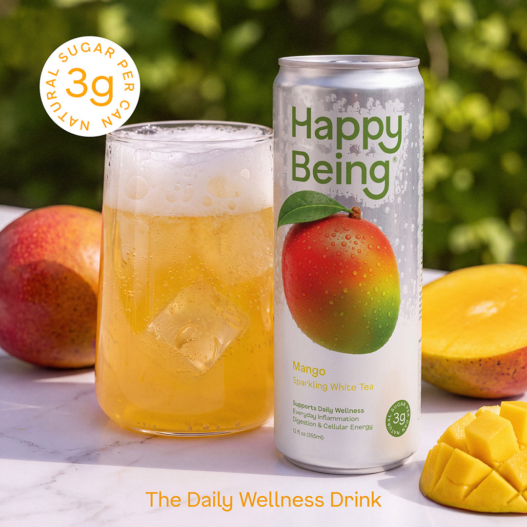 Can of Happy Being Mango Sparkling White Tea with tropical mango imagery.