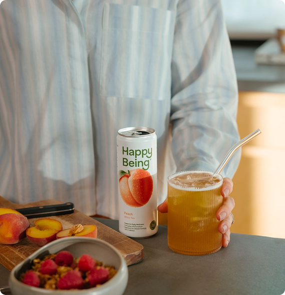 Happy Being peach sparkling white tea with fresh peaches